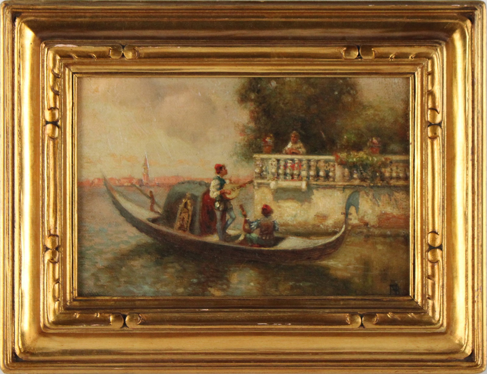 Nicholas Briganti, Oil on Canvas Venetian Gondola: (American, 1861-1944) initialed l.r. and signed verso "N. Briganti to G.R. Gabutet, Sept. 1913". Sight size: 5-1/2"h x 8-1/2"w Overall: 9-1/2"h x 12-1/2"w