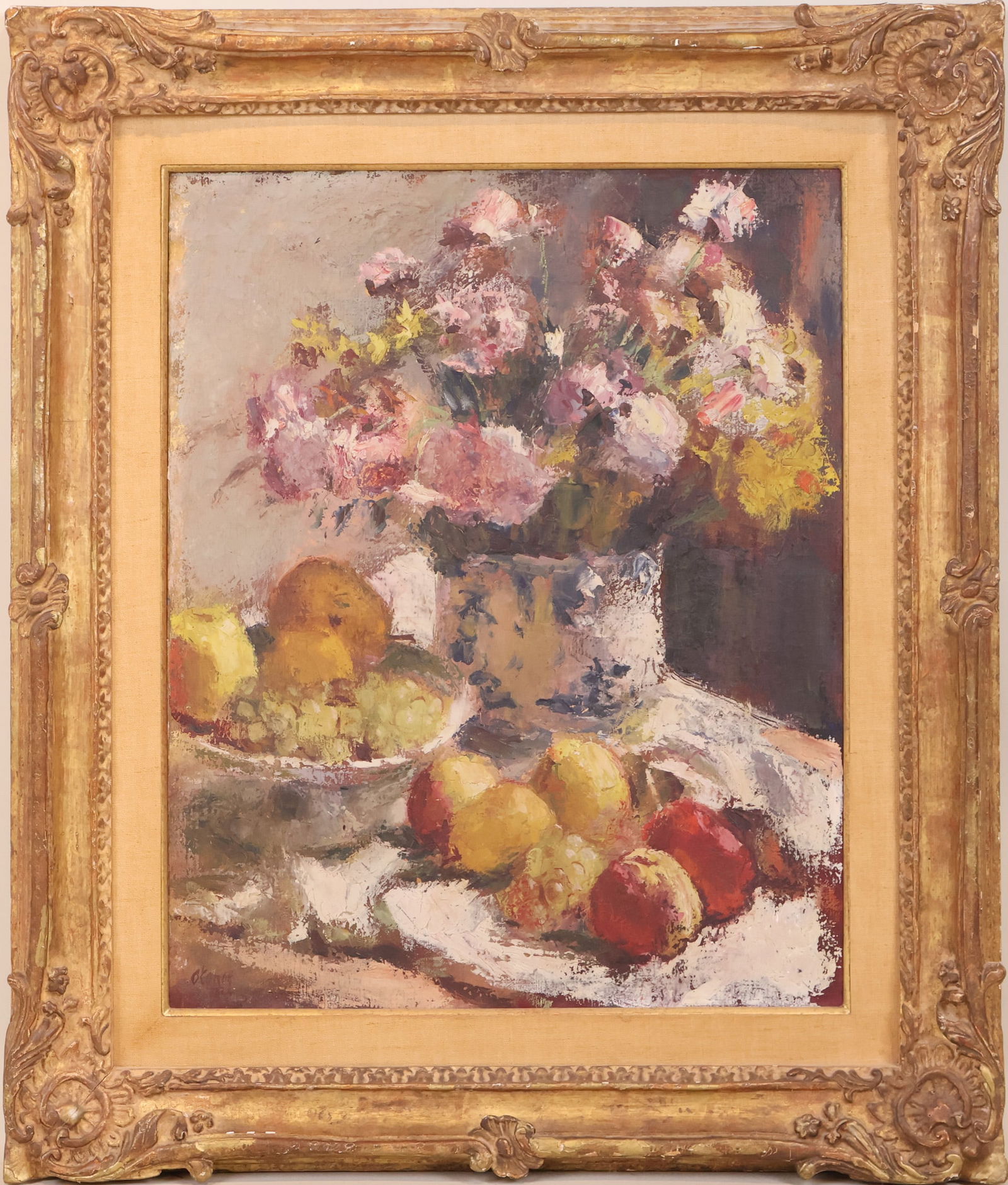 Max Kuehne, Oil on Canvas, Still Life of Flowers: (German-American, 1880-1968) signed l.l. "Kuehne". Some craquelure. Sight size: 25-1/4"h x 21-1/4"w Overall: 35-1/4"h x 31"w