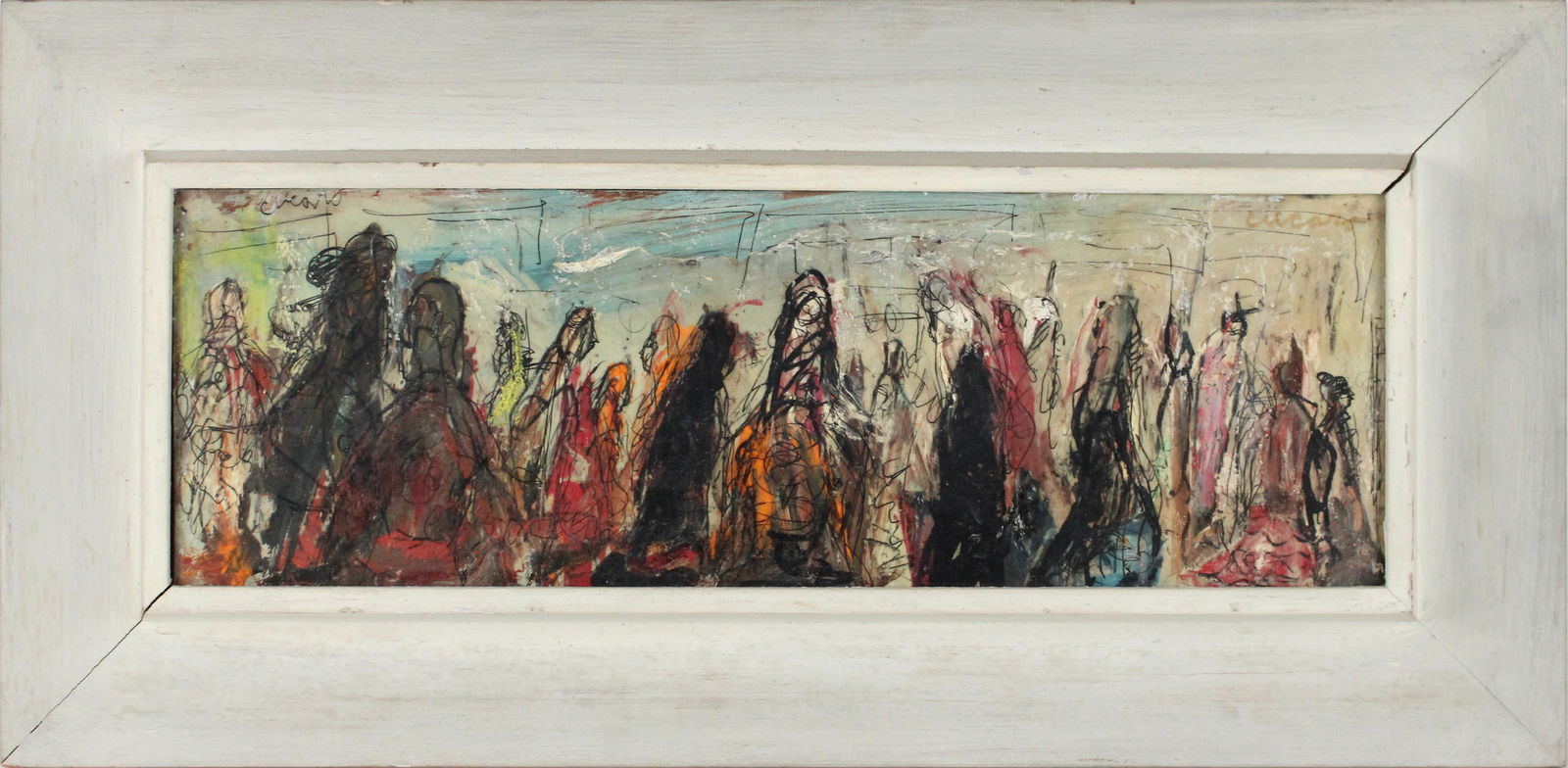 Pascal Cucaro, Enamel on Board, Abstract Bazaar: (American, 1915-2004) signed u.l. and verso. Sight size: 7-3/4"h x 23-3/4"w Overall: 15-1/2"h x 31-1/2"w