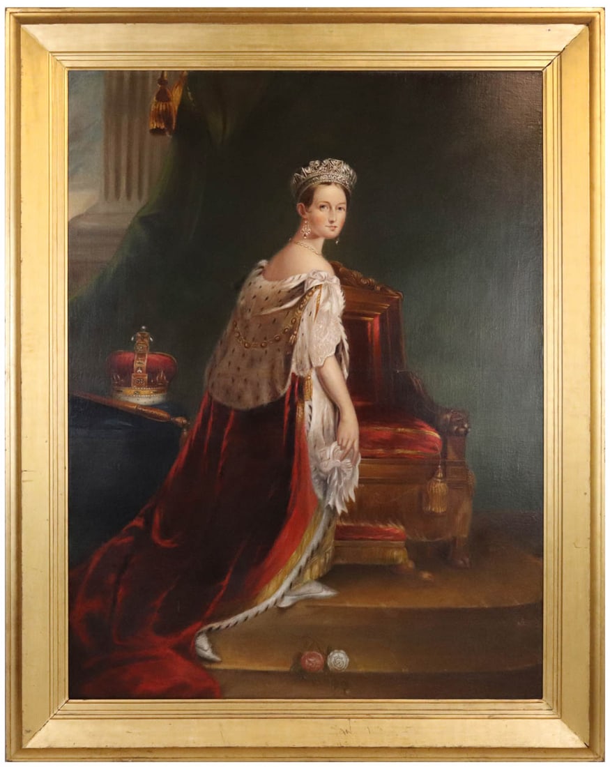 Charles Cohill, Portrait of Queen Victoria: (American, 1812-c.1860) after Thomas Sully. Oil on Canvas. Signed l.r. "C. Cohill" and dated 1856. Overall: 92-1/2"h x 75"w Sight: 77"h x 59-1/4"w Provenance: Property from a Private Philadelphia and