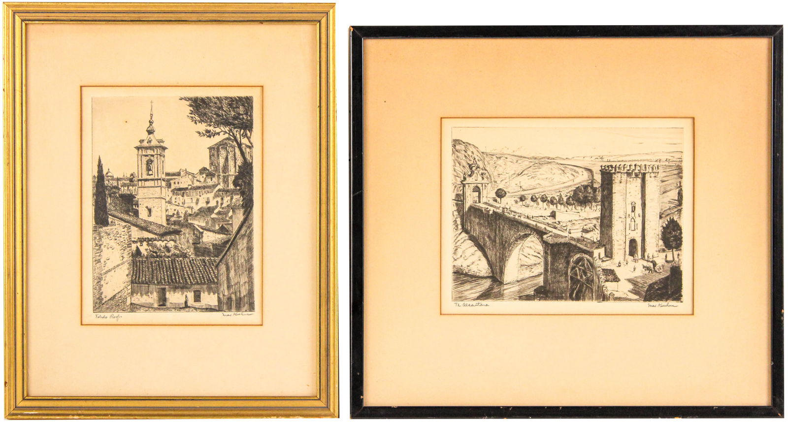 Two Max Kuehne Etchings of Toledo, Spain: (German-American, 1880-1968) both signed l.r. and titled "The Alcantera" and "Toledo Roofs". Sight sizes: 7-1/4"h x 9-1/4"w and 8-3/4"h x 6-1/2"w Overall: 14-1/4"h x 15-1/2"w and 15-1/4"h x 12-1/4"w