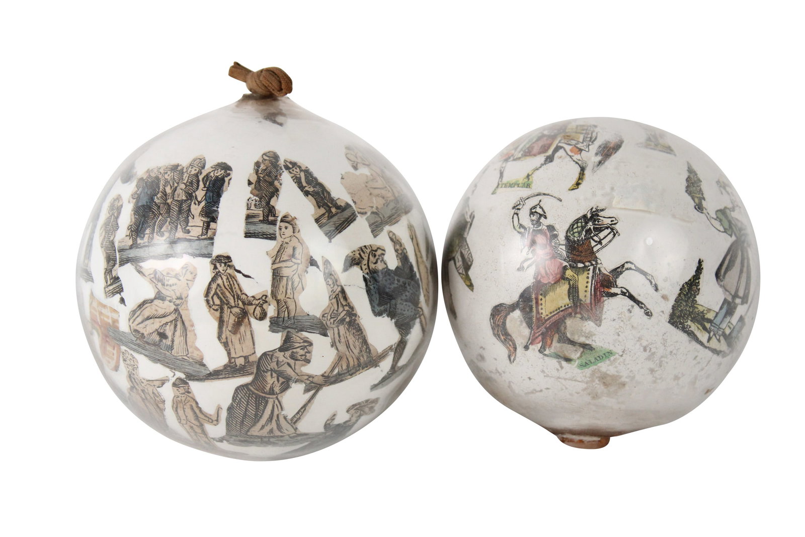 Two Victorian Potichomania Witch Ball: English, Late 19th C., blown glass orbs decorated with various figures. Some chips, wear, tape residue. Appx. 4"dia. and 5"dia.