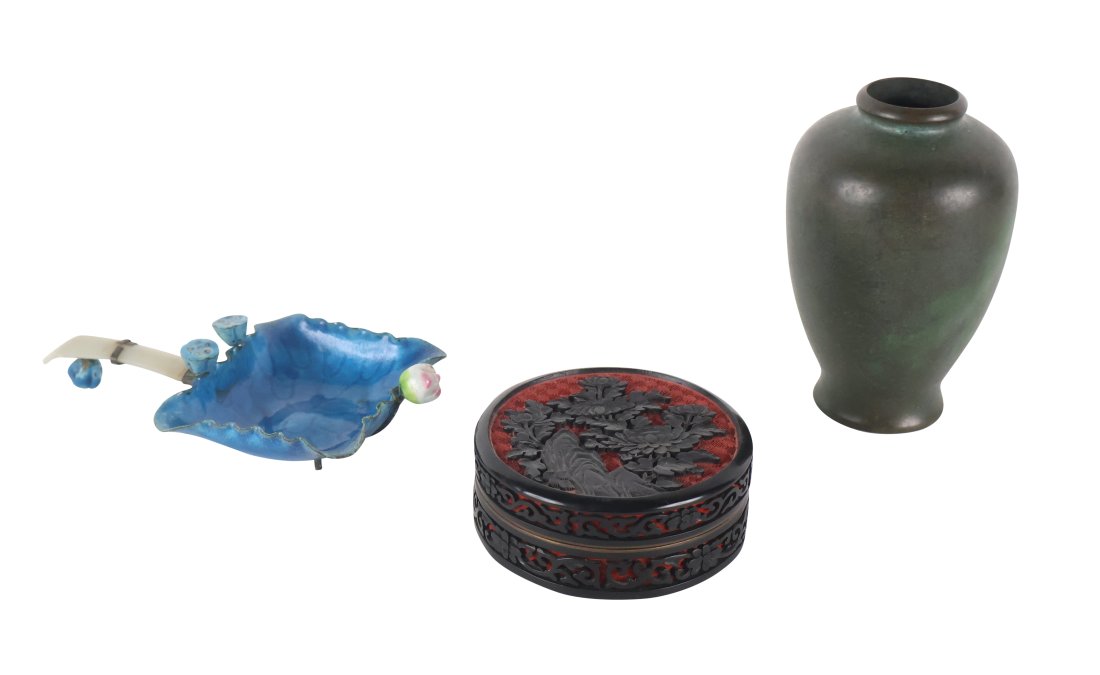 Group of Chinese Decorative Objects: 19th/20th C., comprising an enamel and jade censer stamped "China", a lacquer and enamel trinket box, and a patinated bronze vase, possibly Chinese, 3 pieces total