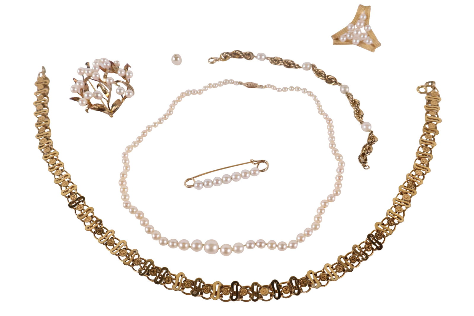 14K Yellow Gold Clasp Cultured Pearl Necklace: Graduated. Together with an unmarked skirt pin, an unmarked triangular pin, a faux spray brooch, a 12K gold filled and pearl twisted bracelet, and a 12K god filled 19"l necklace.
