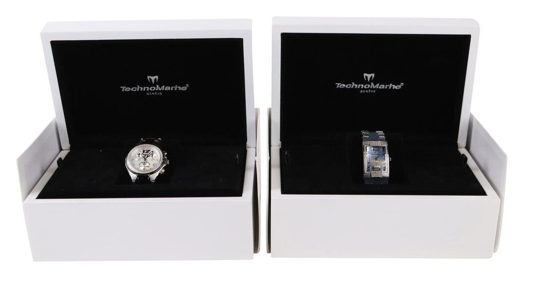 Techno-Marine Manta Series Chronograph: Diamond bezel, with box. Together with Techno-Marine ladies rubber strap diamond and blue dialed sport watch, with box and papers.