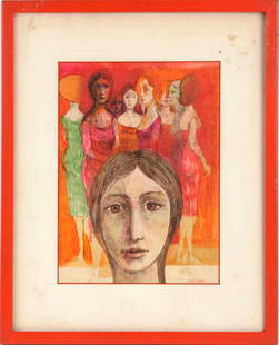 Milton Glaser, (American, 1929-2020) Women, Mixed Media: Signed l.r. "M. Glaser"Creases. Sight size: 13"h x 9-1/4"wOverall: 20-1/4"h x 16-1/4"w