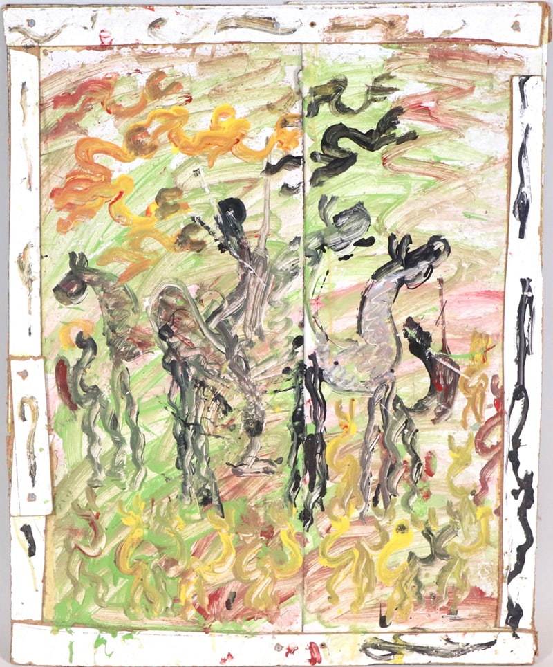 Purvis Young, (American, 1943-2010) Untitled, Oil on Masonite: Of warriors on horsebackProvenance: Property from the NAMITS Collection Appx. 36"h x 29"w