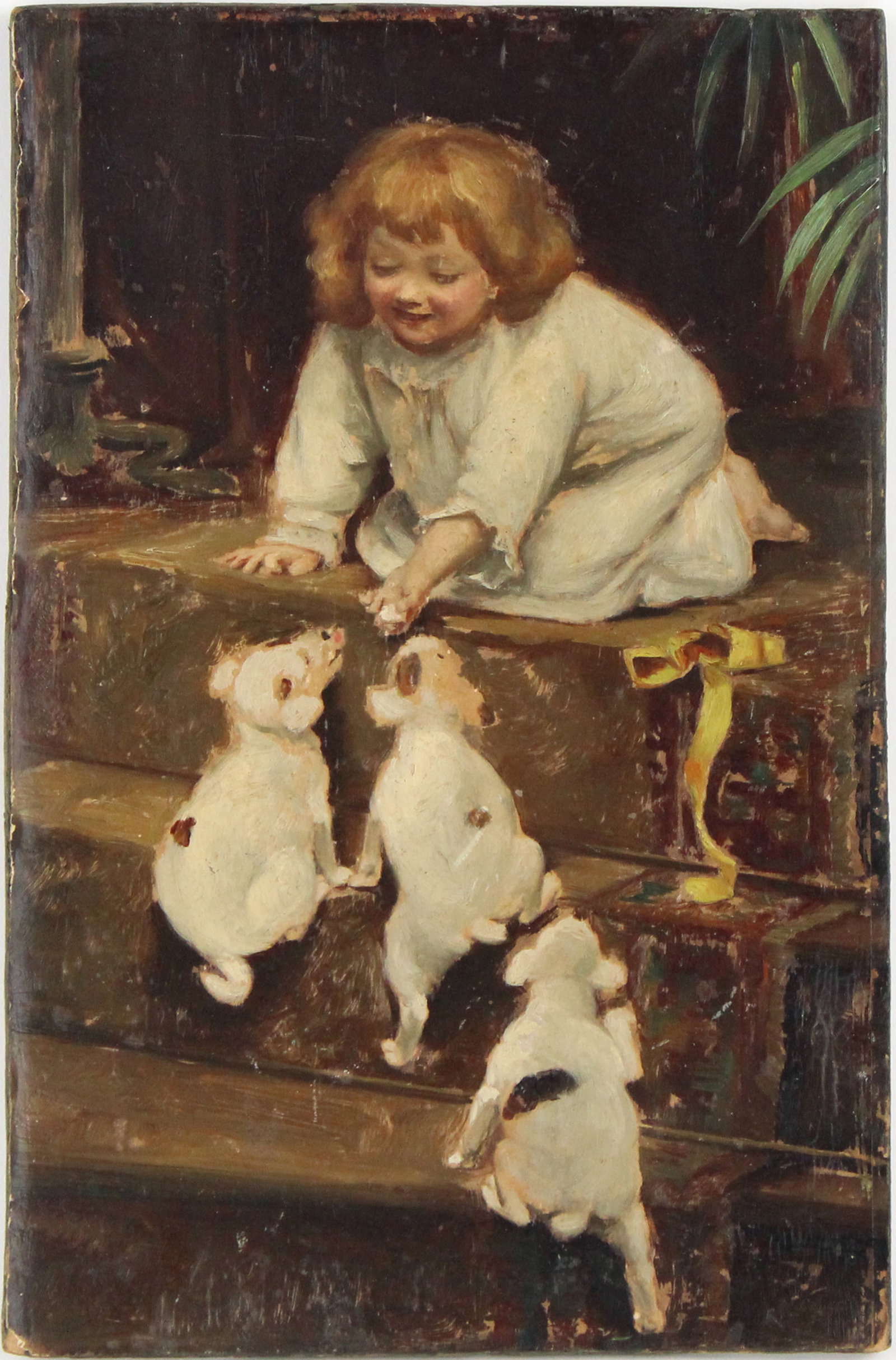 Oil on Board, Girl with Three Puppies: American School, 19th/20th C. unsigned and unframed.Losses to paint, board warped. 9-1/4"h x 6-3/4"w