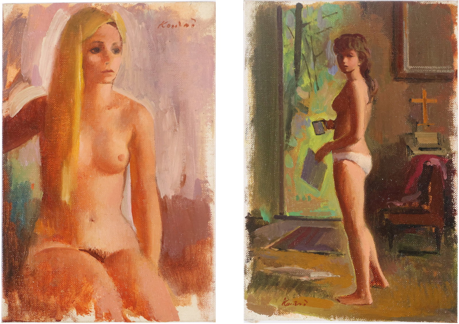 Adolf Ferdinand Konrad, (German, 1915-2003) Nude Women, Oil on Artist's Board: Both signed Konrad, one of a seated nude blonde woman, the other woman partially nude and standing. Both dated verso. 9 x 6 in. (22.9 x 15.2 cm.)