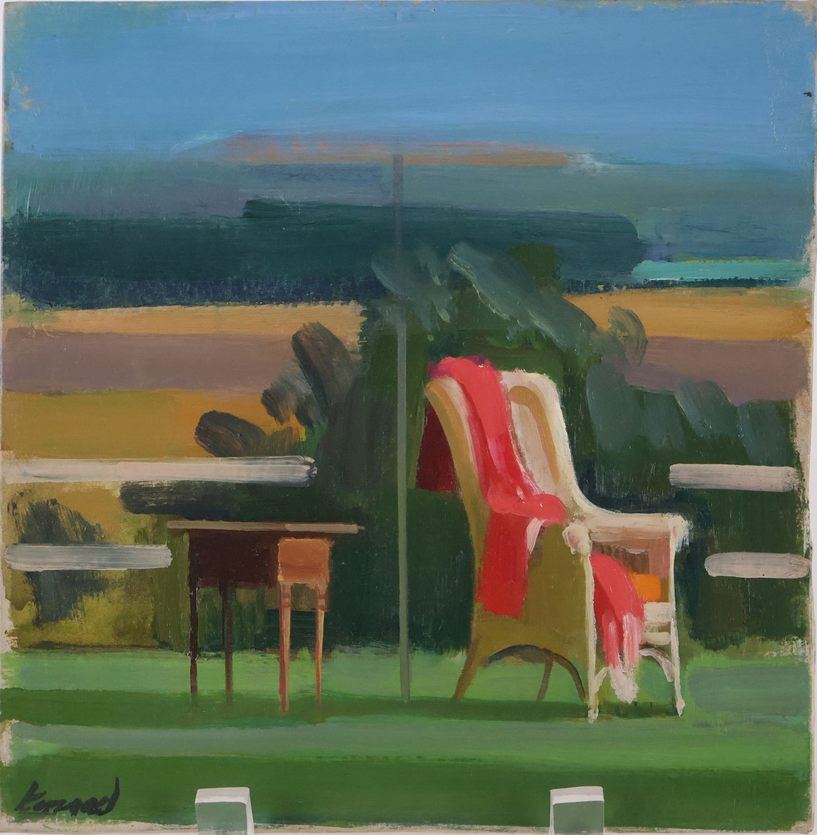 Adolf Ferdinand Konrad, (German, 1915-2003) Front Yard, Oil on Board: Signed l.r. depicting a chair, table, and umbrella on lawn.Losses to paint around edges. 8 1/4 x 8 in. (21 x 20.3 cm.)
