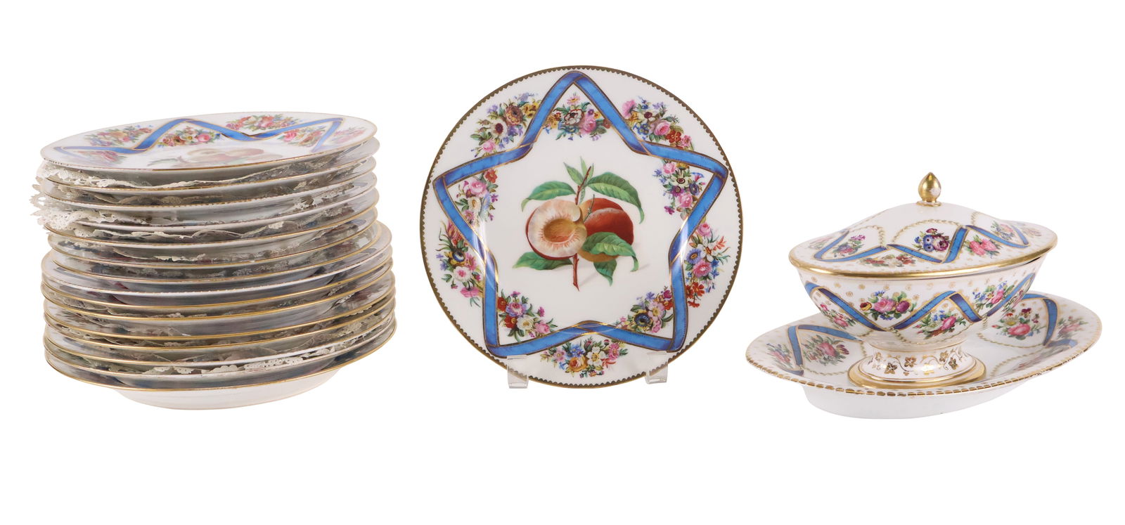 Sevres Style Porcelain Fruit Service: Comprising, 8 dinner plates, 8 lunch plates, and a small tureen with underplate. 17 piecesSome wear. Dinner plate: 9"dia.