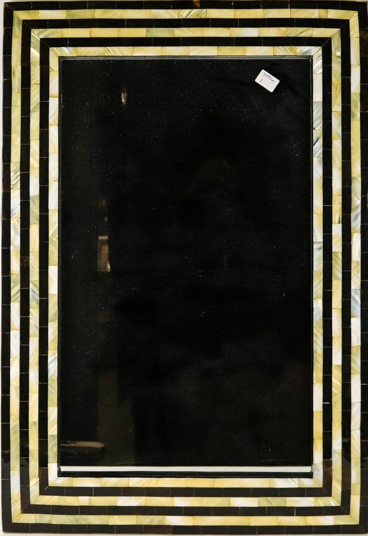 Modern Ebony and Mother-of-Pearl Veneered Mirror: 20th/21st C. Some wear. 38"h x 26"w