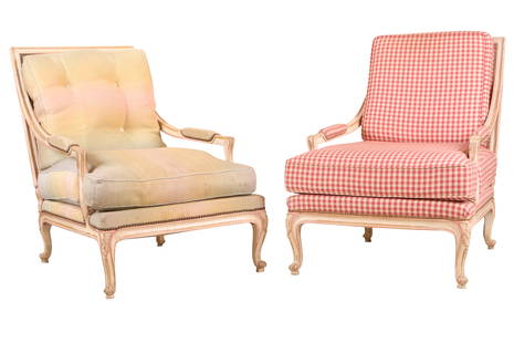 Two Louis XV Style White Painted Library Chairs: One with red checked fabric and one with rainbow fabric. Attributed to Syrie Maugham with white painted frames and semi attached back cushions.Some wear. 35"h x 28"w x 25"d