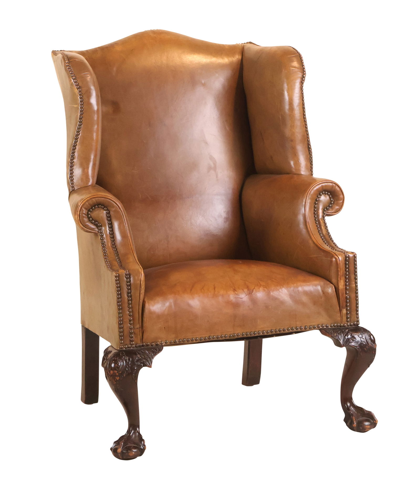 George II Style Brown Leather Upholstered Wing Chair (1 of 12)