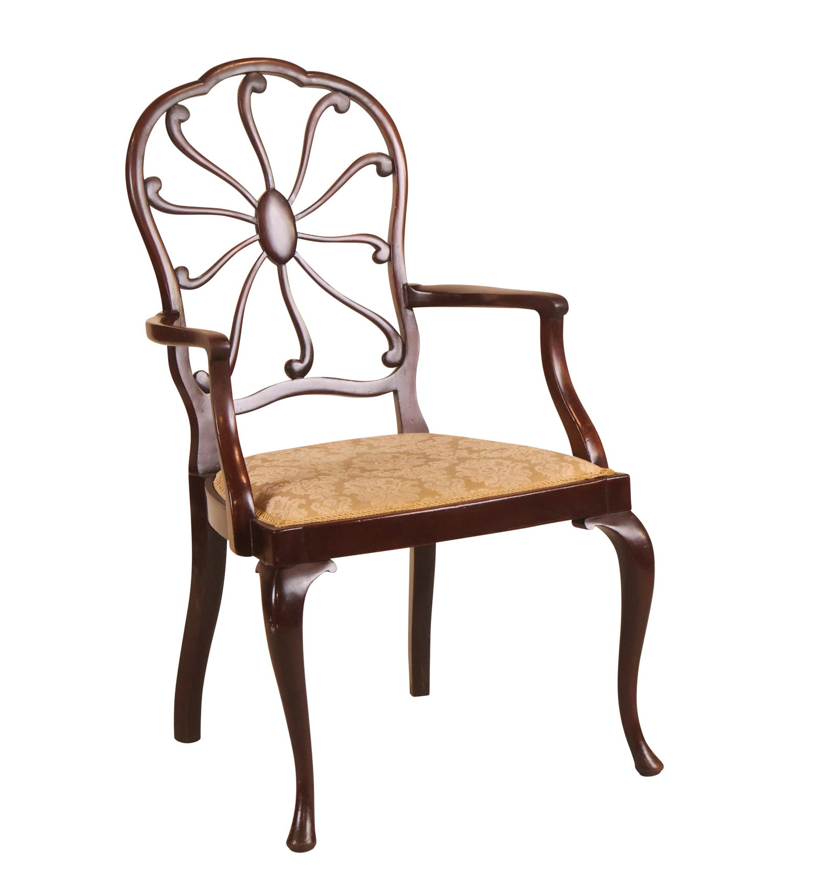 Edwardian Mahogany Spider-Back Open Armchair: The cartouches shaped spider back over shaped arms and a padded seat in gold damask, on cabriole style front legs.Joints loose.Provenance: Martel Maides Auctions, Lot 992, 2/24/23 38"h x 21-1/2"w