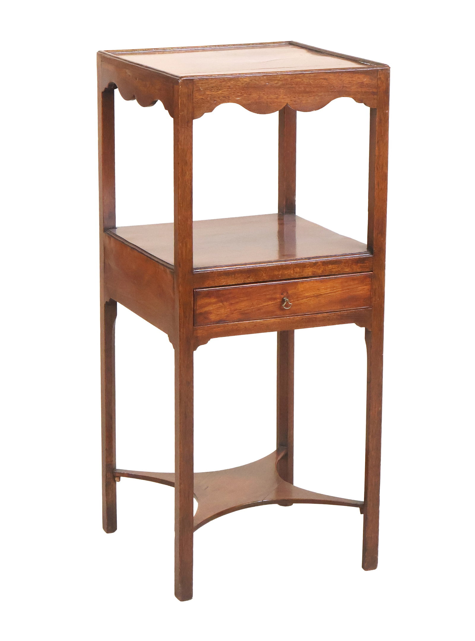 George III Mahogany Three Tiered Etagere: English, late 18th C. with one drawer.Surface distress, molding repaired.Provenance: Stair, lot 259 30"h x 13"w x 13"d