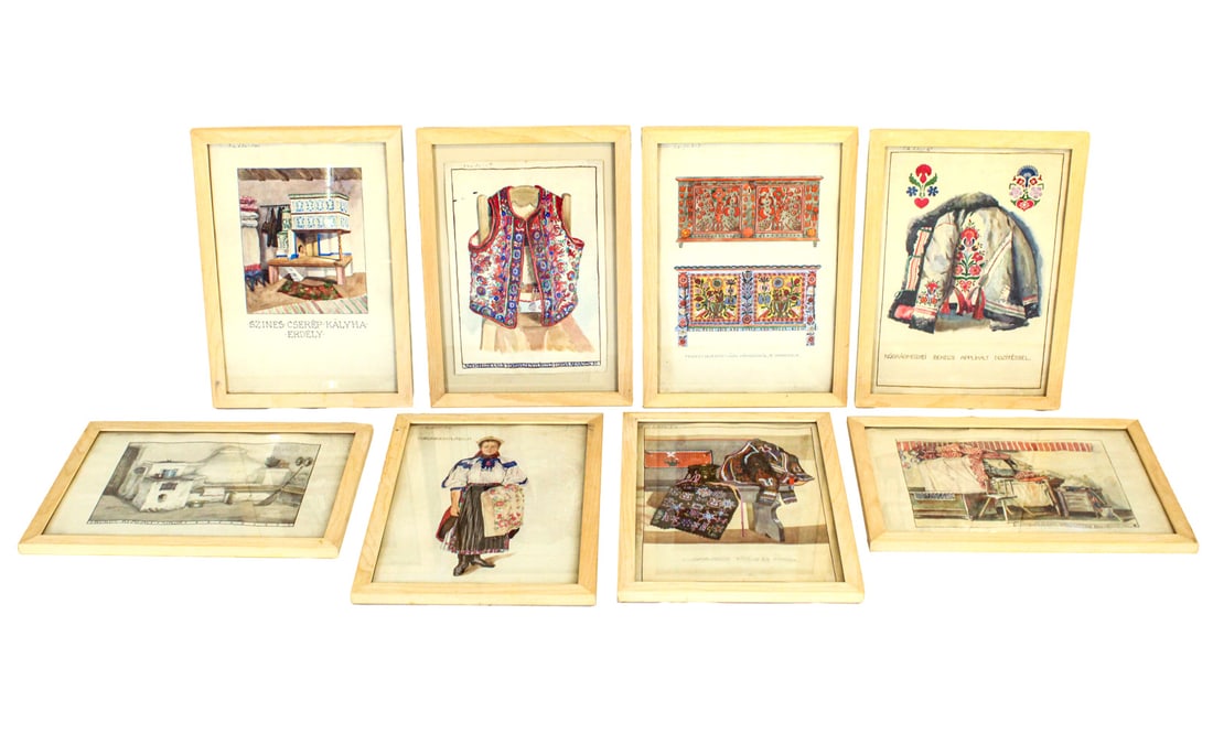 Eight Watercolors of Hungarian Designs: Interiors and clothing examples.Provenance: Estate of Cora Ginsburg; Property formerly in the collection of Ian and Carolina Irving, The Famous and Well Known Textile Designer and Taste Maker, Some Fe
