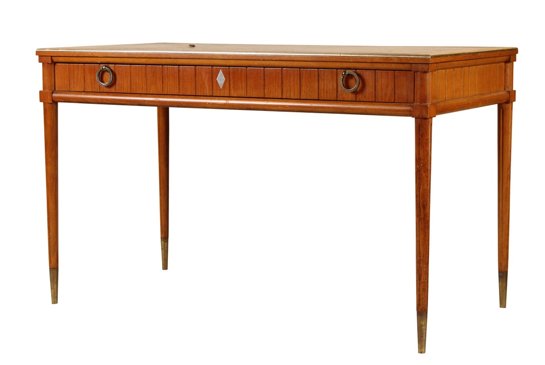 Neoclassical Style Leather-Inset Bureau Plat: 20th C. fitted with one drawer. Losses to top, surface distress.Provenance: Property formerly in the collection of Ian and Carolina Irving, The Famous and Well Known Textile Designer and Taste Maker, 