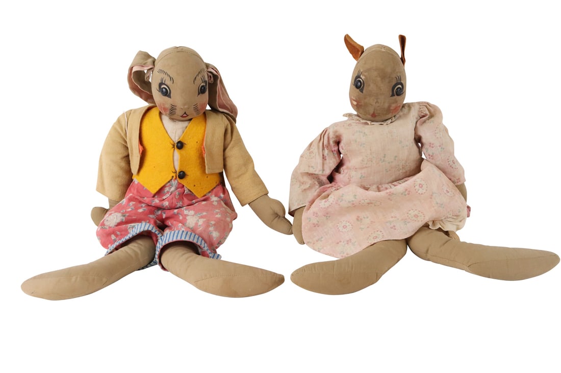 Nurse Jane & Uncle Wiggly Georgene Cloth Dolls: With original clothes. Stains, wear, holes. 17-1/2"l