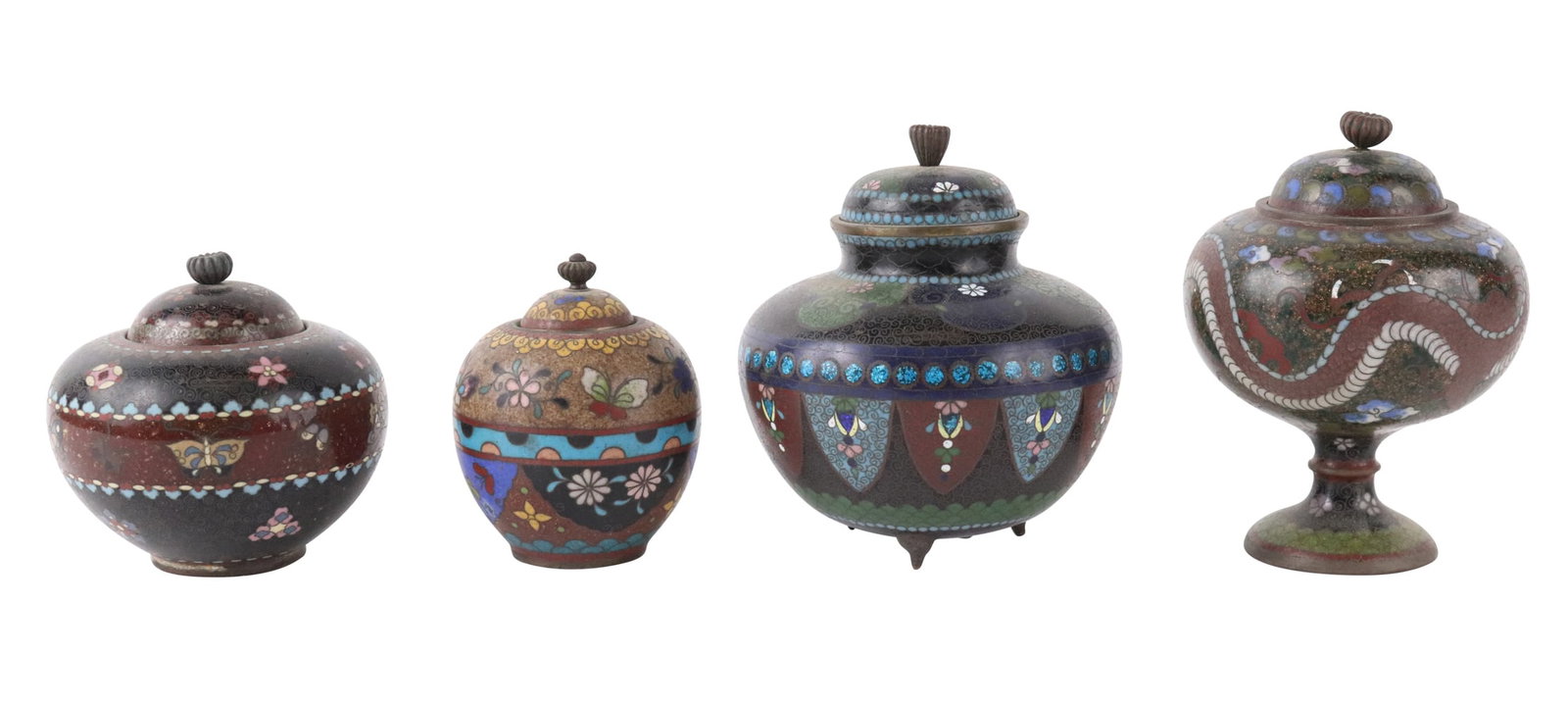 Four Chinese Cloisonne Covered Jars: 20th C. Some wear and surface distress. From: 3-1/2"h x 2-1/2"dia. to 5"h x 4-1/2"dia.