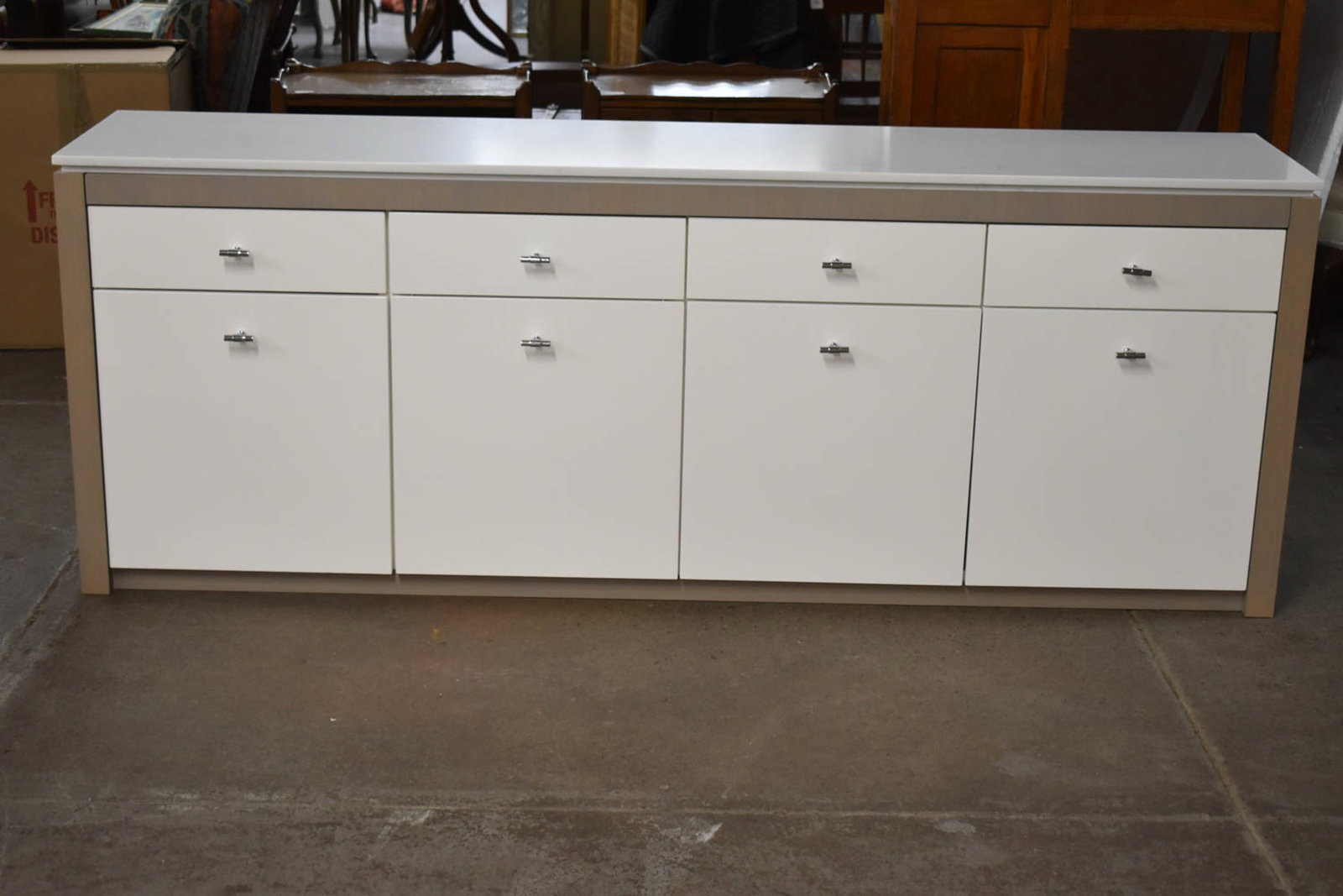 Modern Marble Top Credenza: Modern Marble Top Credenza Modern Marble Top Credenza, with white-lacquered and Grass drawers. Used condition, wear, worn. Marble attached to base. Appx. 31"h x 86"w x 16"d