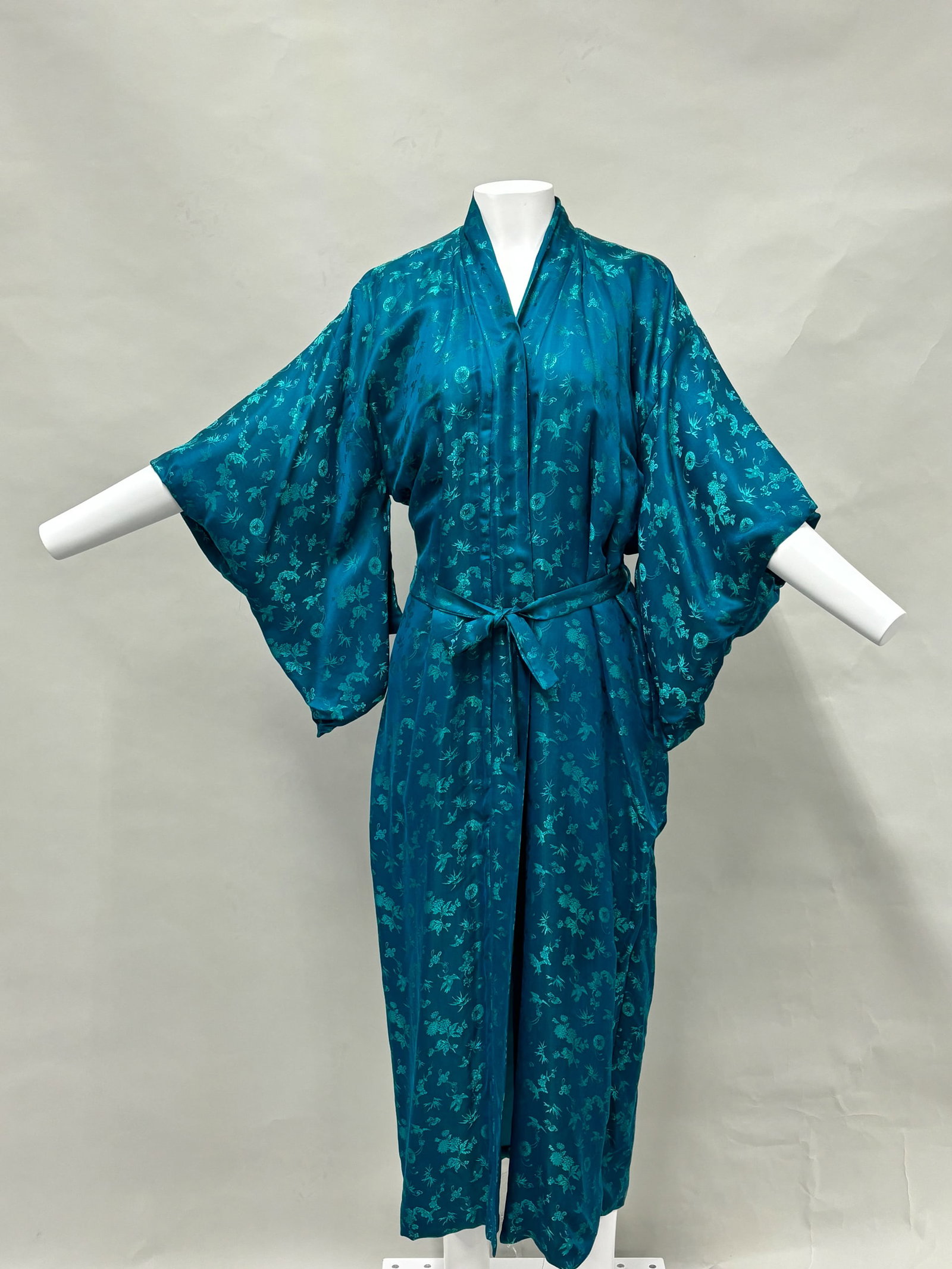 Vintage Asian Imperial Fashion Silk Robe: Vintage Asian Imperial Fashion Silk Robe Vintage Asian Imperial Fashion Silk Robe having allover floral and bird design. Used condition, approx. 54" tall