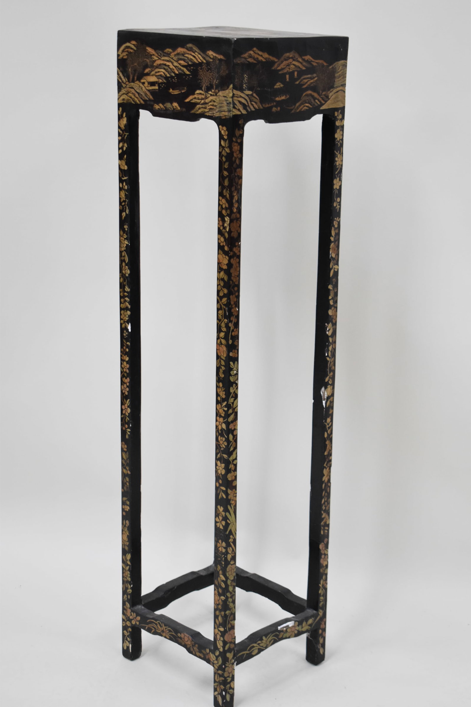 Tall Chinese Bat Decorated Lacquered Plant Stand: Tall Chinese Bat Decorated Lacquered Plant Stand Tall Chinese Bat Decorated Lacquered Plant Stand with landscape and floral design. Used condition, wear, worn, surface distress, losses. 51 1/2" t