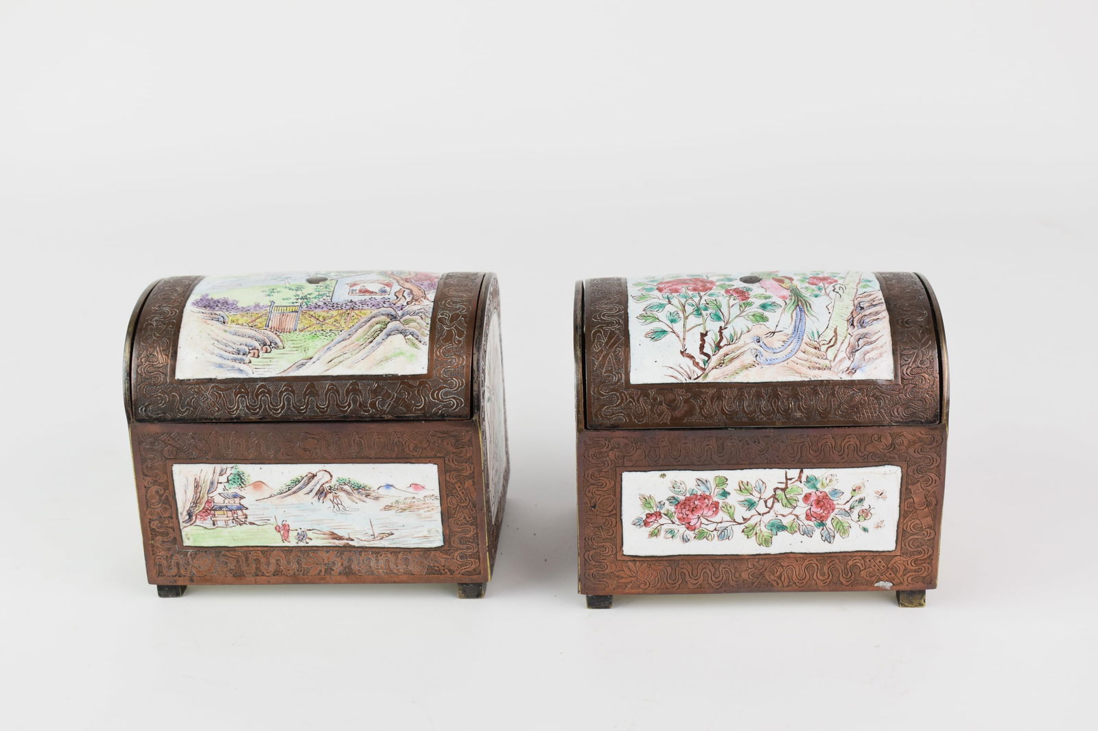 Famille Rose Style Decorated Pair of Dome Top Caskets (1 of 9)