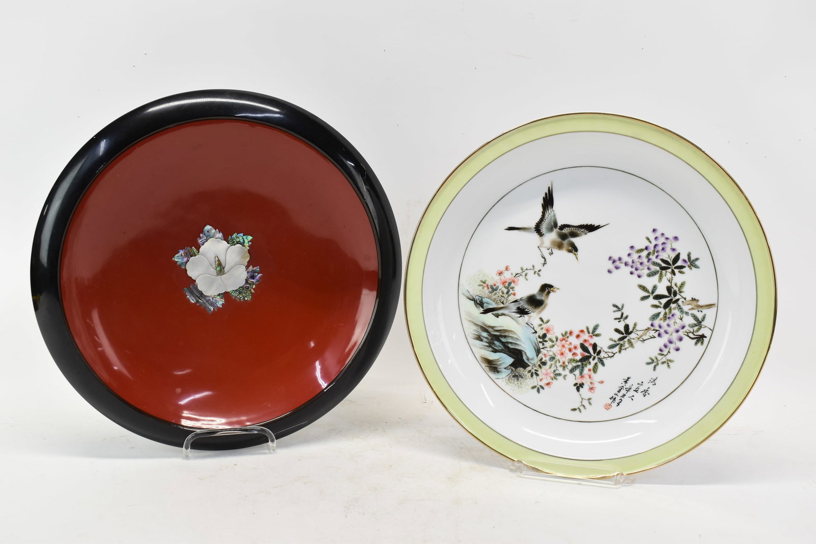 Asian Style Floral and Bird Decorated Enamel Center Bowl: Asian Style Floral and Bird Decorated Enamel Center Bowl Asian Style Floral and Bird Decorated Enamel Center Bowl. Together with a black and red lacquered center bowl with central mother of pearl flor