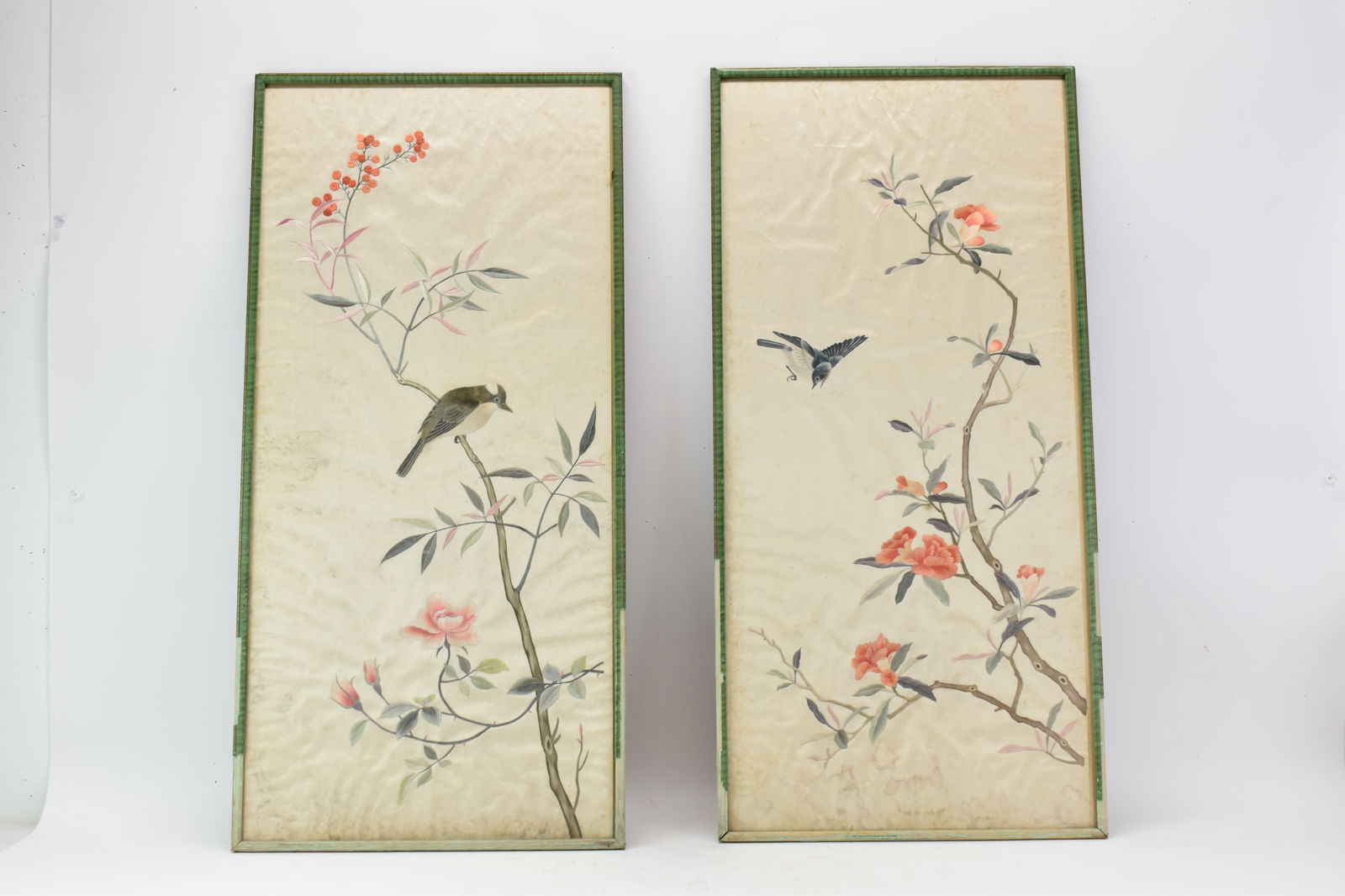 Set of Two Asian Silk Embroidered Panels in Vintage Green Frames (1 of 7)