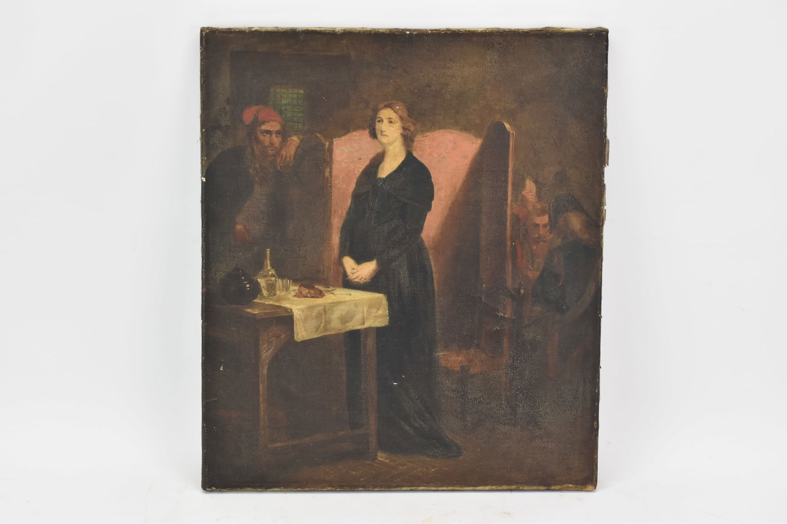 Antique Continental School Oil on Canvas of Dining Establishment: Antique Continental School Oil on Canvas of Dining EstablishmentAntique Continental School Oil on Canvas of Dining Establishment. Used condition, wear, worn, relined, losses. 22 1/2" x 19 1/2&quo