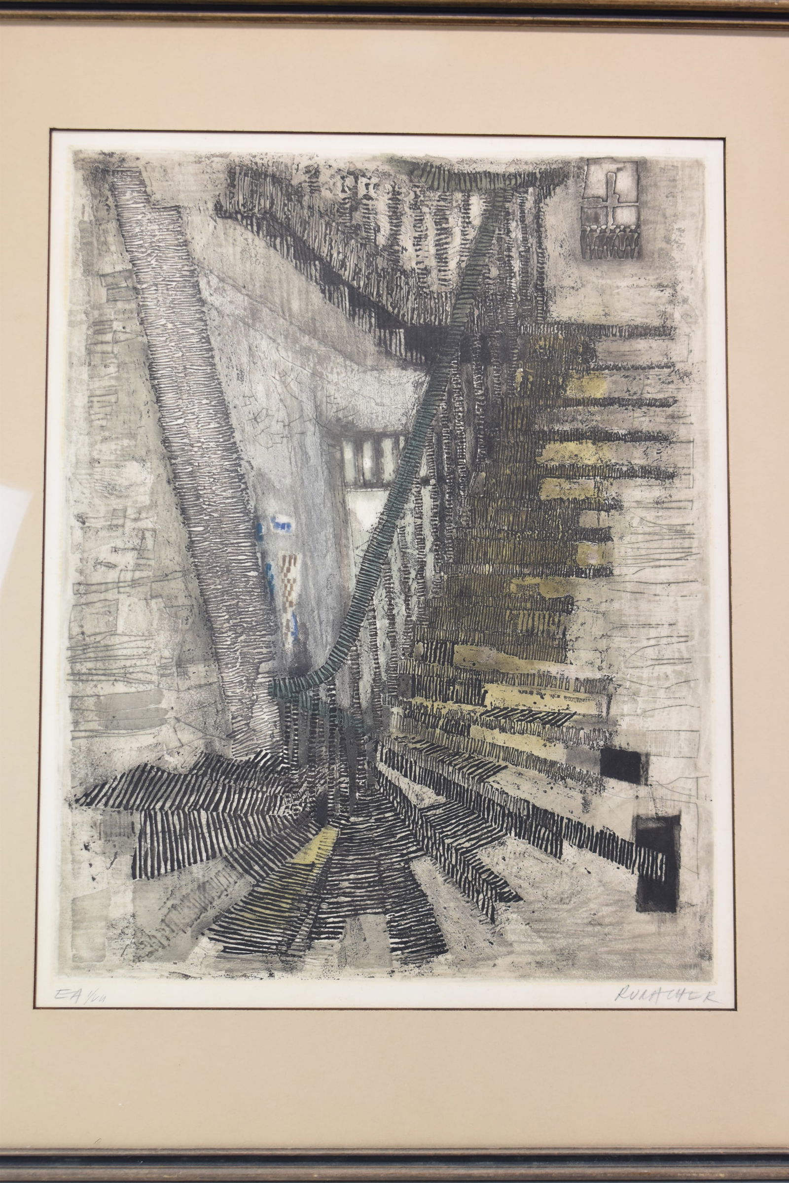 Limited Edition Ruracher Print of Stair Case Signed and Numbered: Limited Edition Ruracher Print of Stair Case Signed and NumberedLimited Edition Ruracher Print of Stair Case Signed and Numbered. Used condition, wear to frame. Frame size 29-1/4"h x 24"w