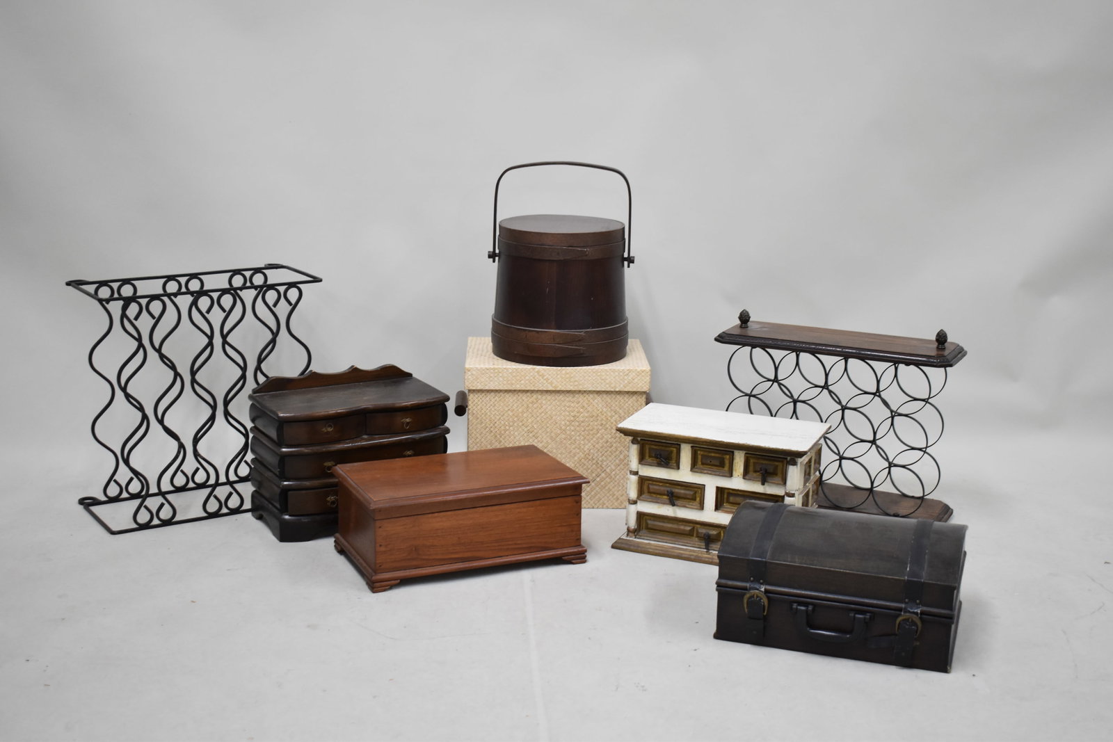 Group of Assorted Table Top Chests and Wine Racks: Group of Assorted Table Top Chests and Wine Racks Group of Assorted Table Top Chests and Wine Racks. Used condition, wear, worn, surface distress. Largest wine rack measures 17 1/2" x 17 1/4"