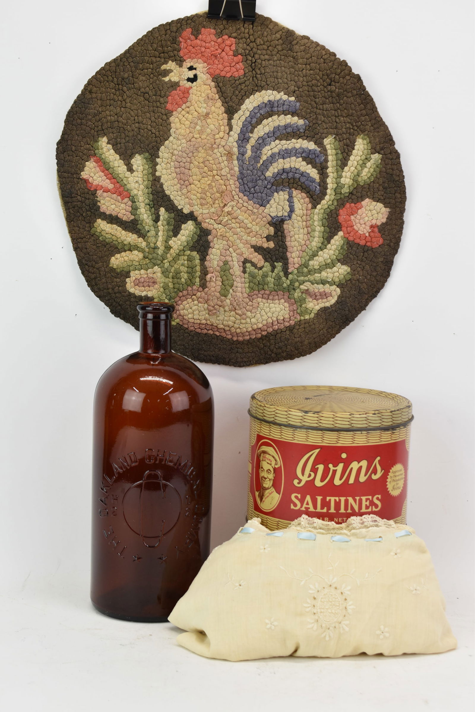 Vintage NY Oakland Chemical Company Large Bottle: Vintage NY Oakland Chemical Company Large BottleVintage Oakland Chemical Company of New York Large Dioxygen Bottle. Together with a Ivan's Saltines tin, rooster mat and a ladies antique nightgown. Use