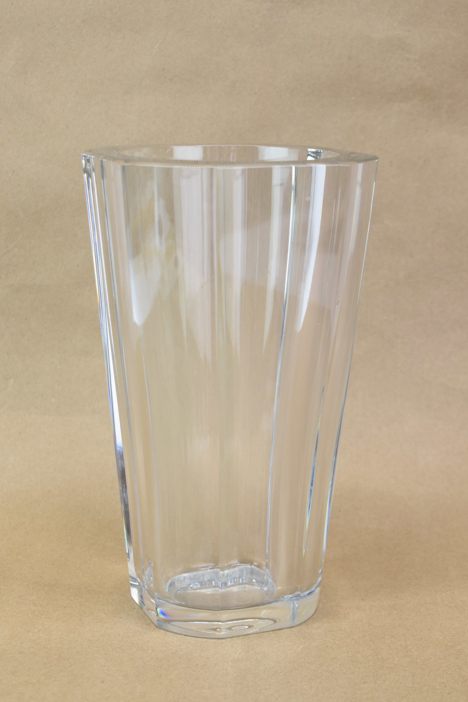Baccarat Colorless Glass Vase: Baccarat Colorless Glass Vase Baccarat Colorless Glass Vase, marked underside. Used condition. 9-3/4"h x 5-1/2"sq.