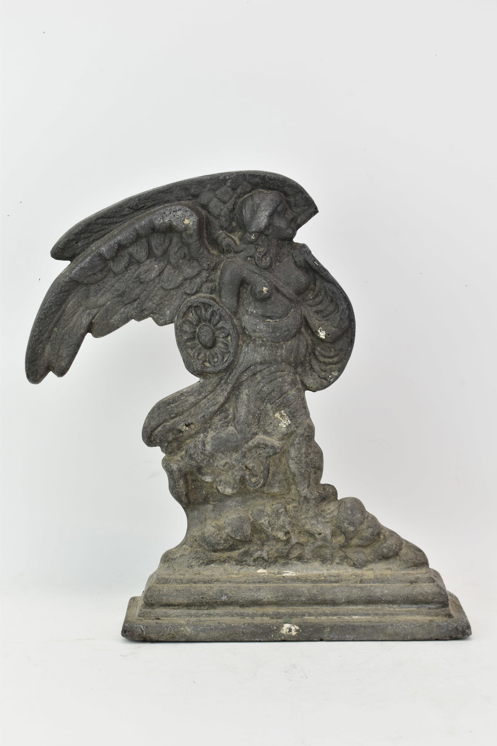 Angel with Wings Ornamental Door Stop: Angel with Wings Ornamental Door Stop Angel with Wings Ornamental Door Stop, made of lead and large in size, Used condition, wear, worn, 16" tall x 15 1/2" x 3" approximately 28 pounds