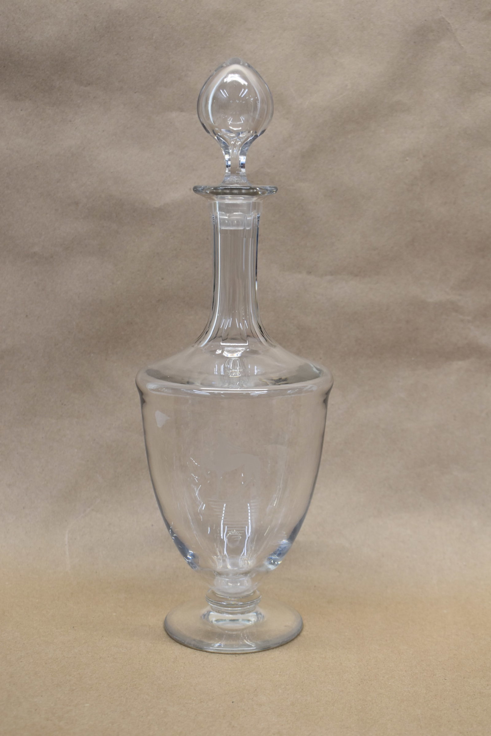 Vintage Baccarat Colorless Glass Antelope Etched Decanter: Vintage Baccarat Colorless Glass Antelope Etched Decanter Vintage Baccarat Colorless Glass Antelope Etched Decanter. Used condition, wear, 13 1/4 " height x 4 1/2" diameter