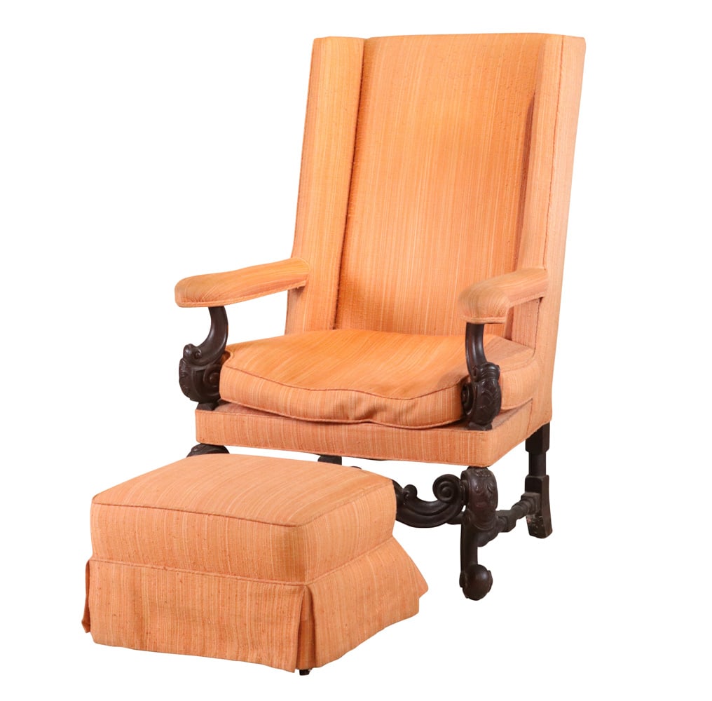 Baroque Style Carved Walnut Library Chair & Stool (1 of 8)