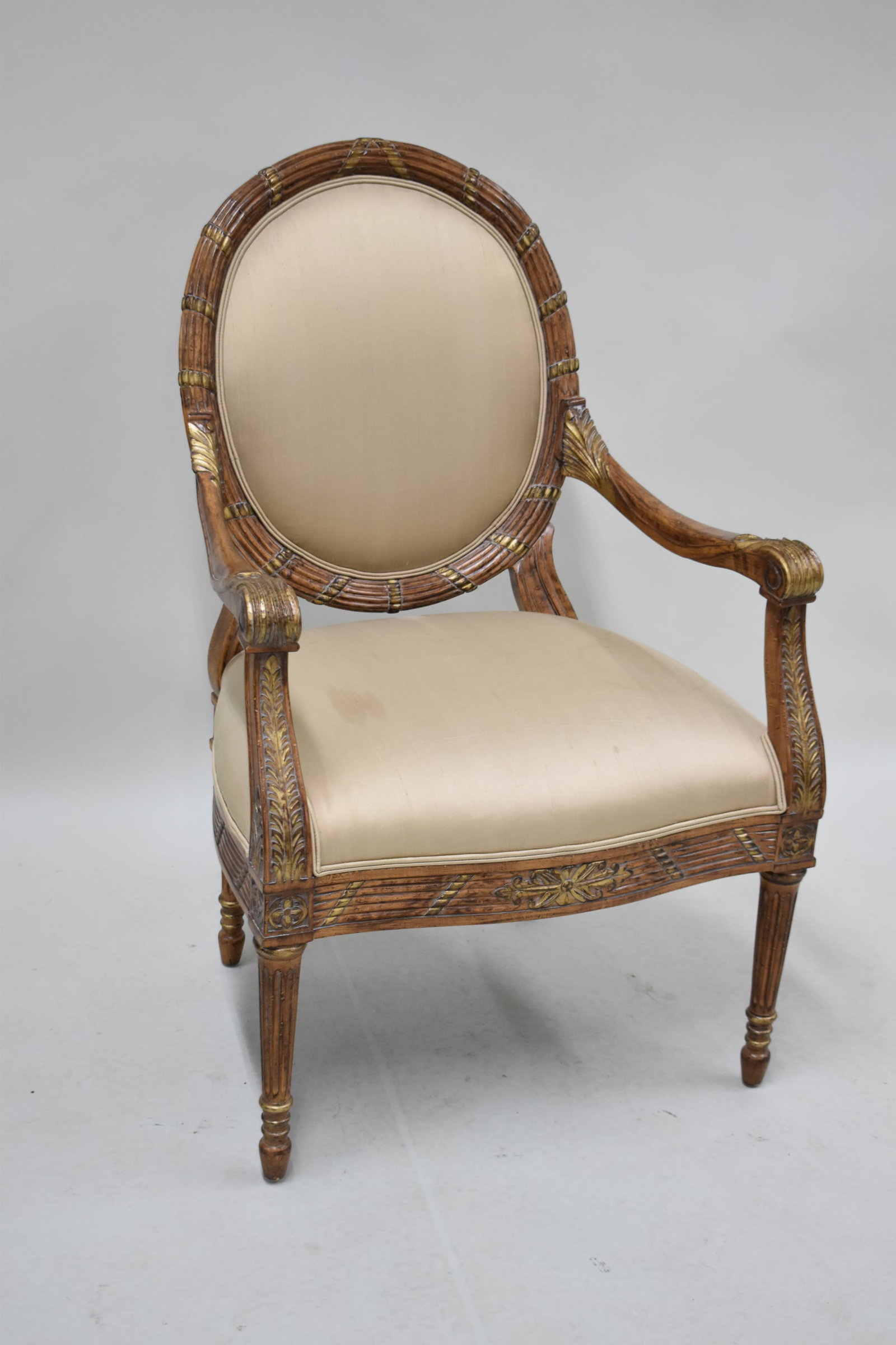 Louis XVI Style Upholstered Armchair: Louis XVI Style Upholstered Armchair Louis XVI Style Upholstered Armchair. Used condition, wear, worn, stains to upholstery. 41 1/2" tall x 26 1/2" wide x 26" deep x 20" tall to to