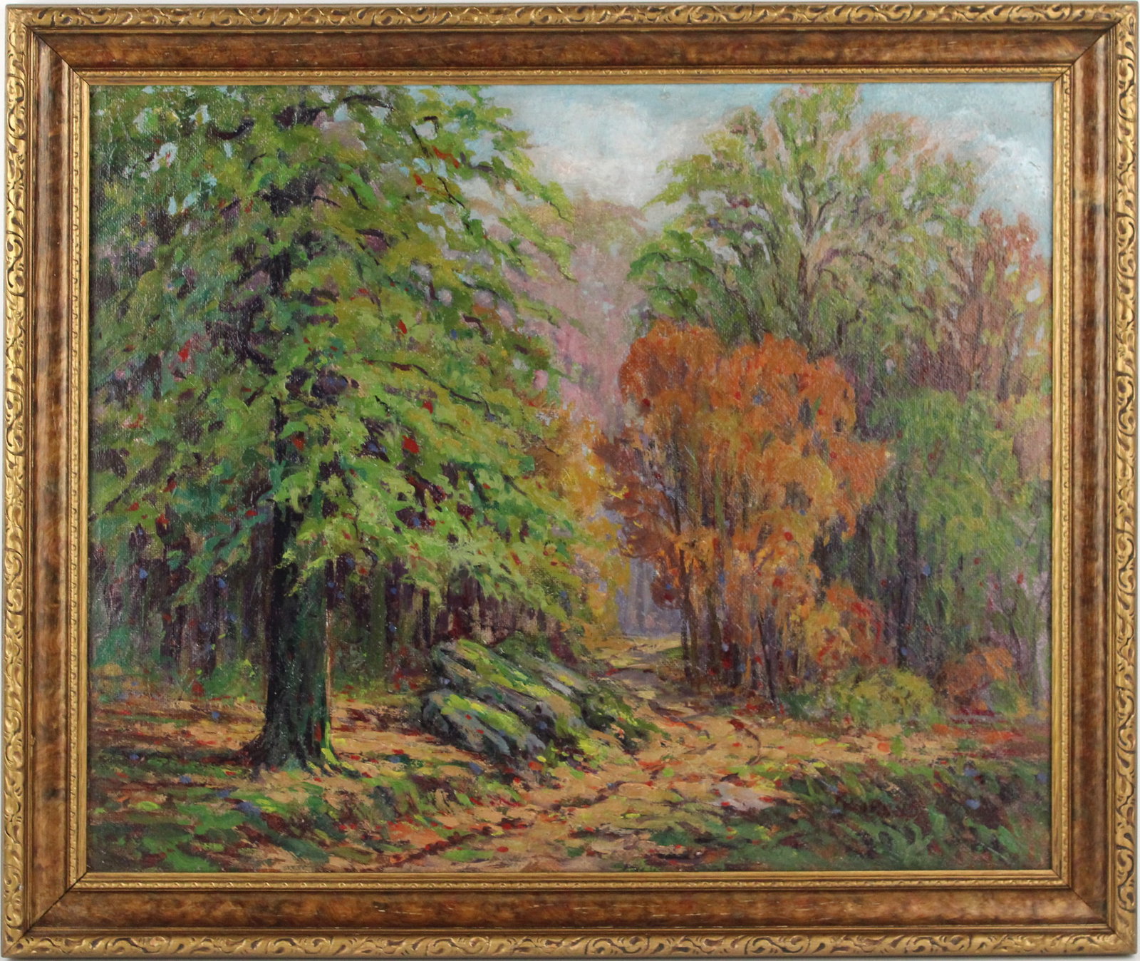 Path in Woods, Oil on Canvas Board: Path in Woods Oil on Canvas Board In the style of Garth Howland (Pennsylvania, 1887-1950) possibly signed l.r. Sight: 19 1/2 x 23 1/2 in. (49.5 x 59.7 cm.), Frame: 23 1/2 x 27 1/2 in. (59.7 x 69.9 cm.