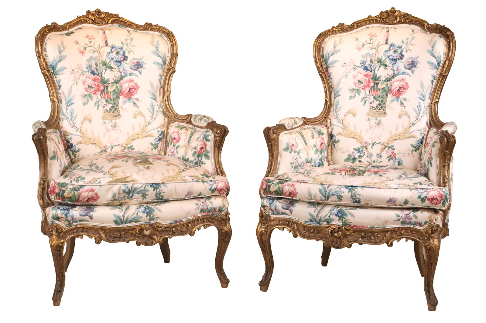 Two Nearly Identical Louis XV Style Giltwood Bergeres (1 of 16)