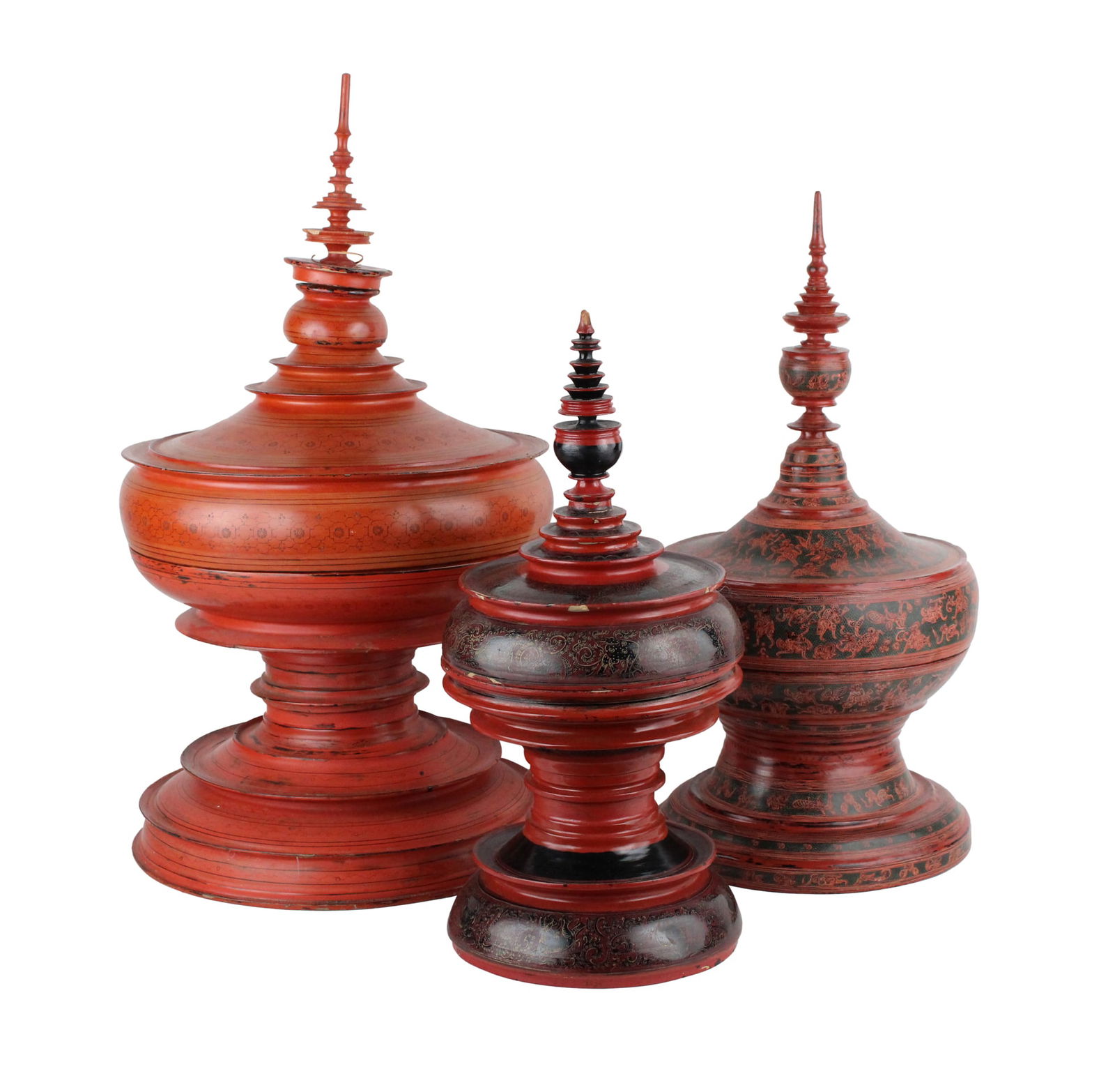 Three Burmese Red Lacquer Offering Vessels (Hsunok) (1 of 8)