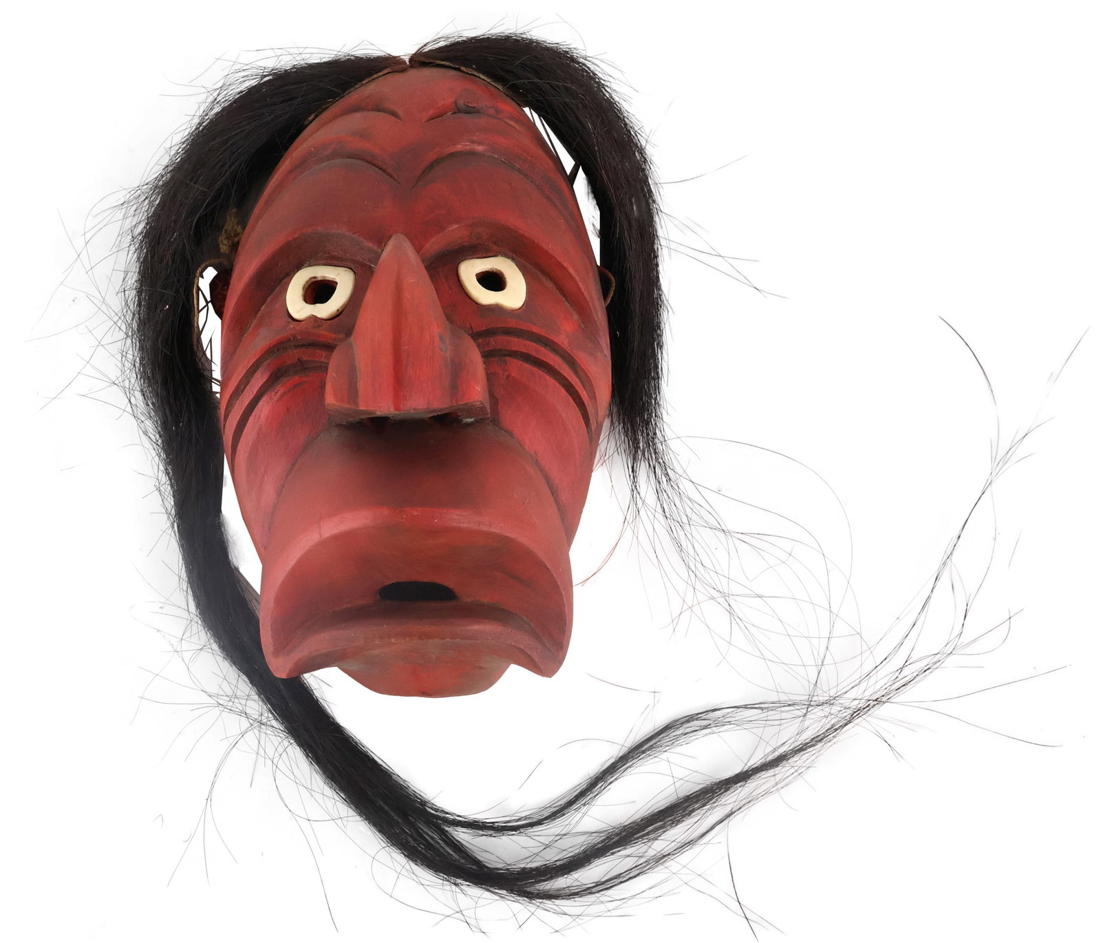Iroquois False Face Hang Mouth/Drooping Mouth Mask: Iroquois False Face Hang Mouth/Drooping Mouth Mask Second half 20th C., bone eyeplates, medicine bundle, Iroqraft, "Carved by Ho n nockwe'sakes 'He Hunts Animals' Onondaga Wolf Clan, Six Nation R