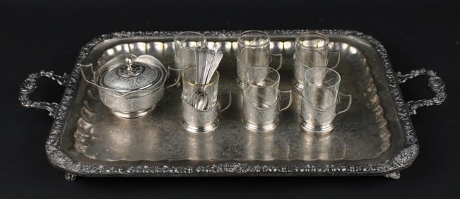 Persian Isfahan Silver and Glass Tea Service and Sugar Bowl with Spoons