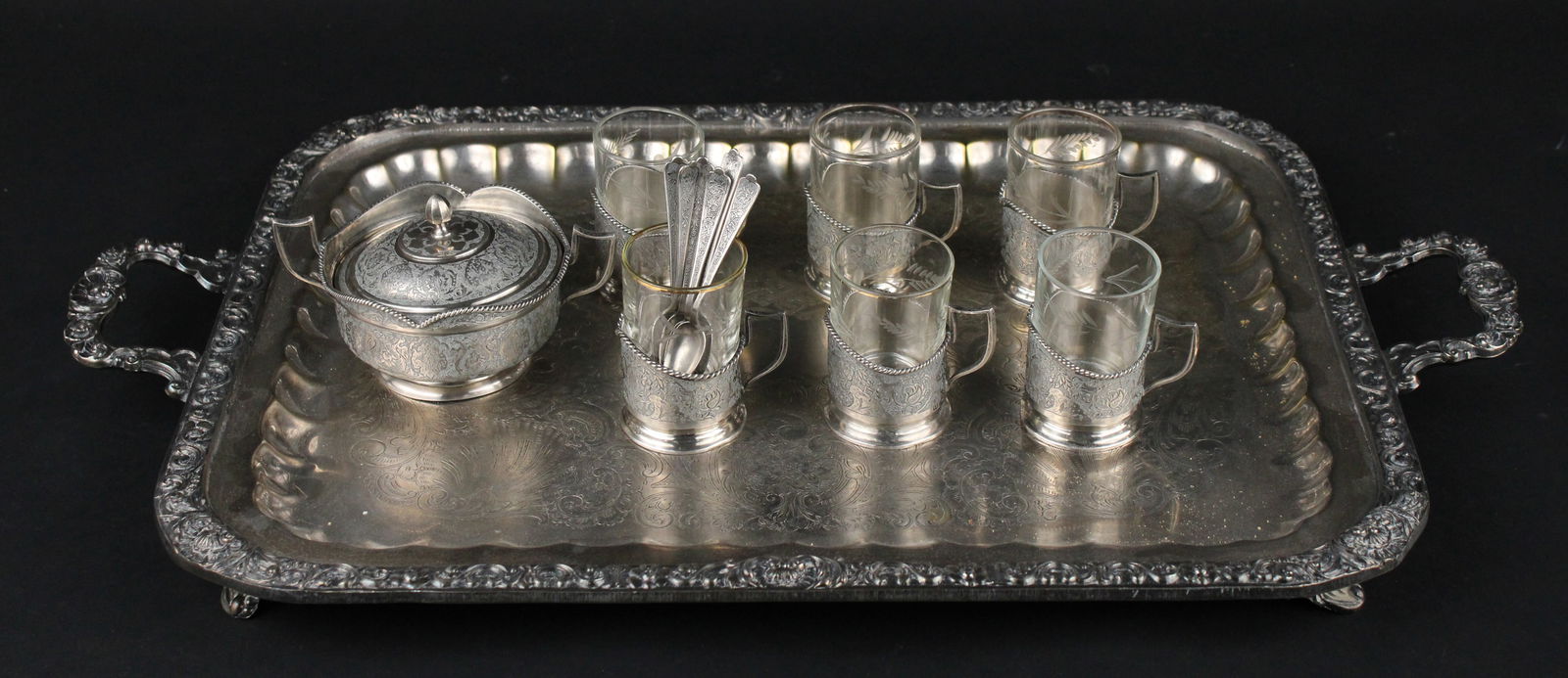 Persian Isfahan Silver and Glass Tea Service and Sugar Bowl with Spoons
