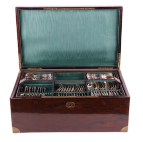 Gorham Sterling "Kings II" Pattern Flatware in Brass Bound Silver Fitted Chest