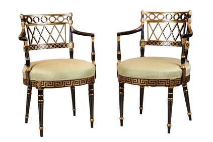 Pair of Regency Ebonized and Parcel-Gilt Armchairs