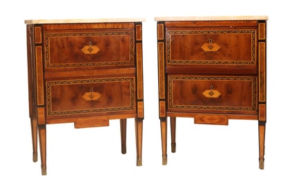 Pair of Neoclassical Marble Top Marquetry Inlaid Fruitwood Commode