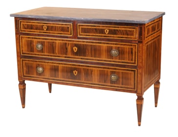 Neoclassical Marble Top Parquetry Inlaid Commode