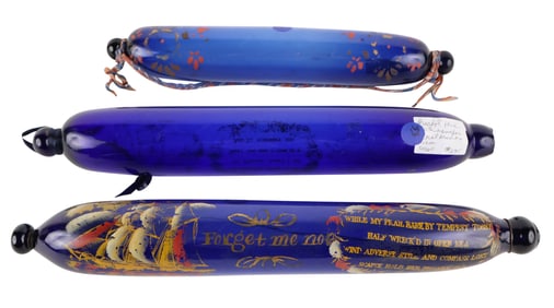Three Bristol Blue Transfer Decorated Glass Rolling Pins